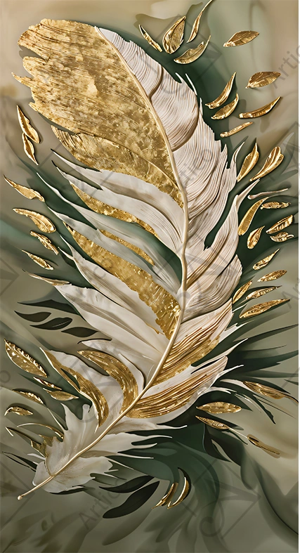 Articoo - Luxury 3D Golden Feather on Green Marble Wall Art - Articoo-788488