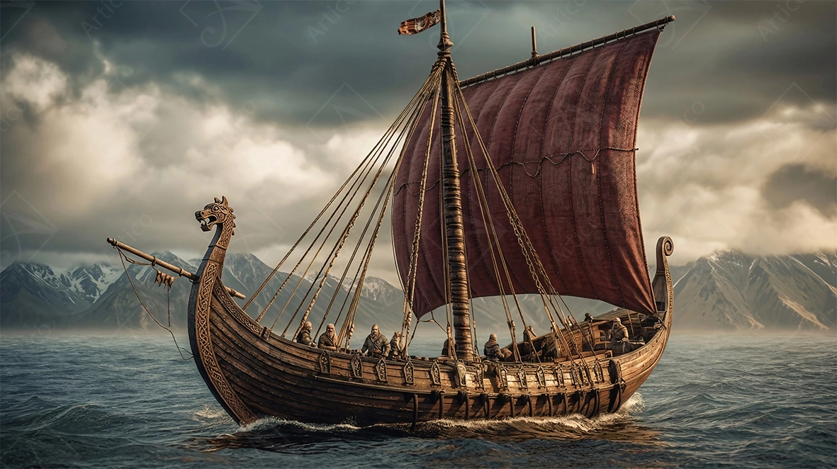 Articoo - Epic Viking Longship Sailing on Stormy Northern Sea - Articoo-421925