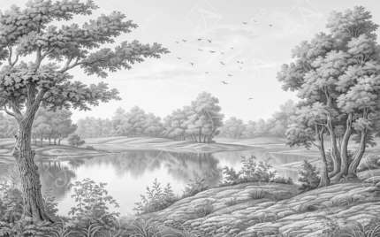 Articoo - Vintage Etching Style Landscape with Lake and Trees - Articoo-157499