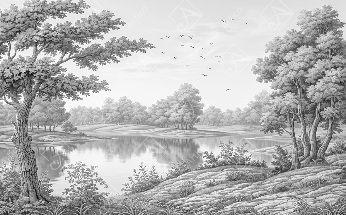 Articoo - Vintage Etching Style Landscape with Lake and Trees - Articoo-157499