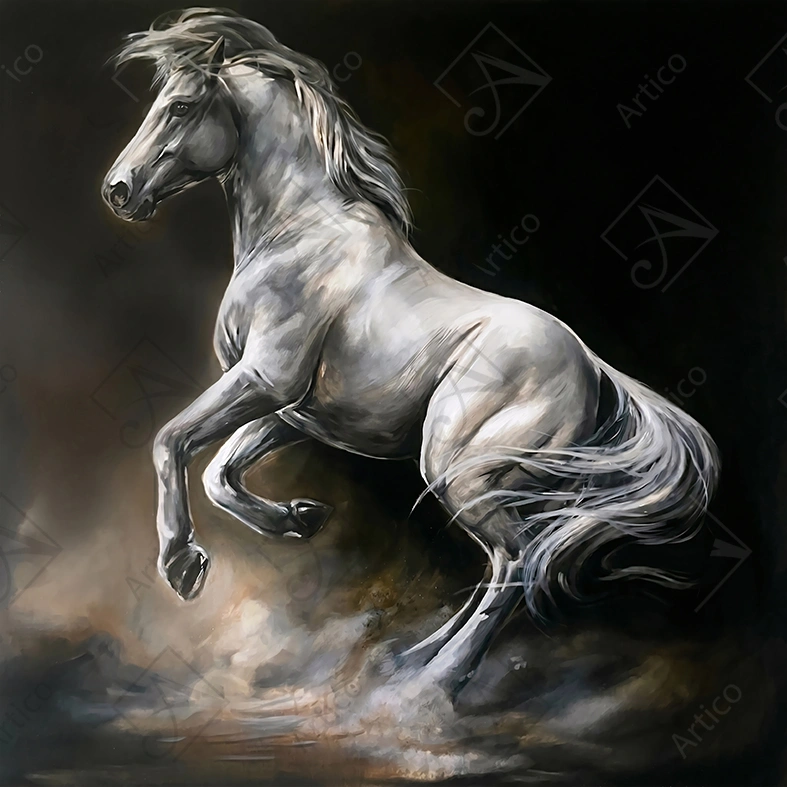Articoo - Powerful Rearing White Horse Oil Painting Wall Art - Articoo-399576