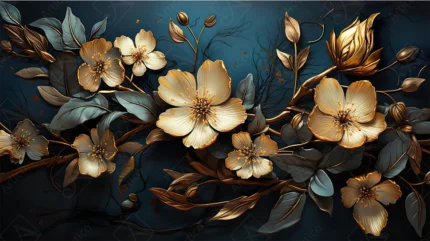 Articoo - Luxury 3D Golden Floral Art on Midnight Blue Background - Articoo-937484