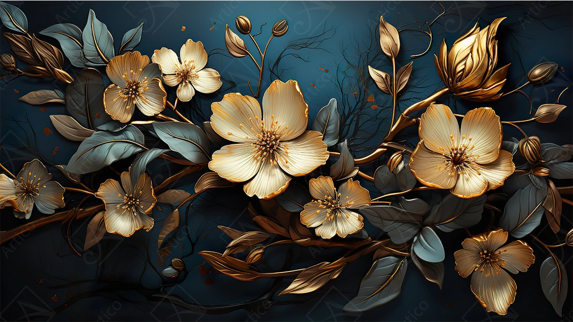 Articoo - Luxury 3D Golden Floral Art on Midnight Blue Background - Articoo-937484