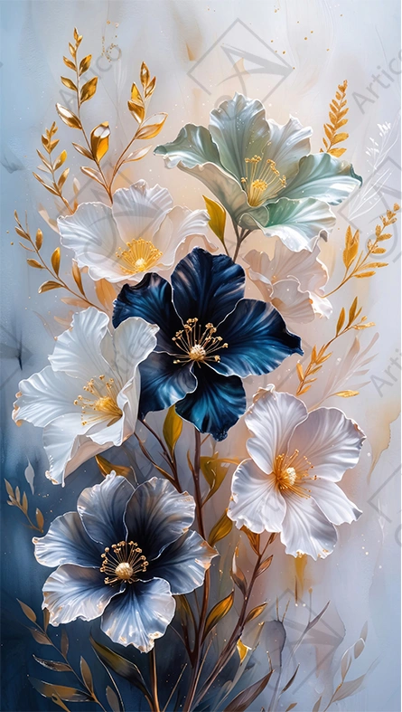 Articoo - Elegant Navy Blue and White Floral Gold Botanical Art - Articoo-381839