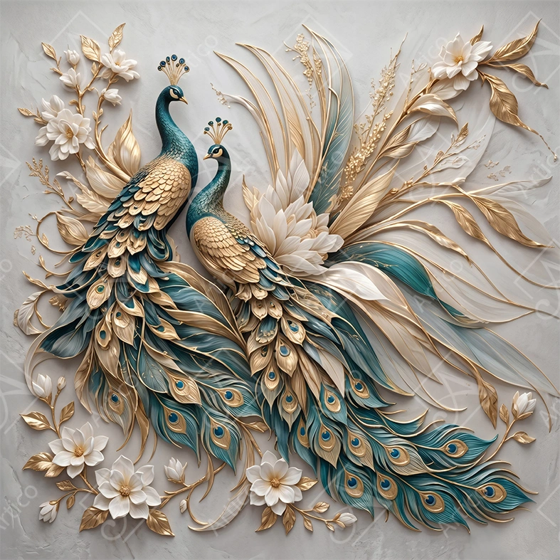 Articoo - Luxury 3D Peacock Bas-Relief with Golden Floral Art - Articoo-316538