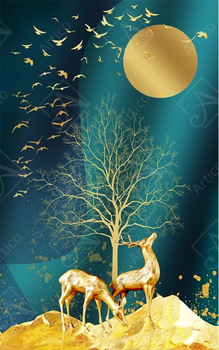 Articoo - Luxury Golden Deer and Tree under Full Moon Teal Background Art - Articoo-871285