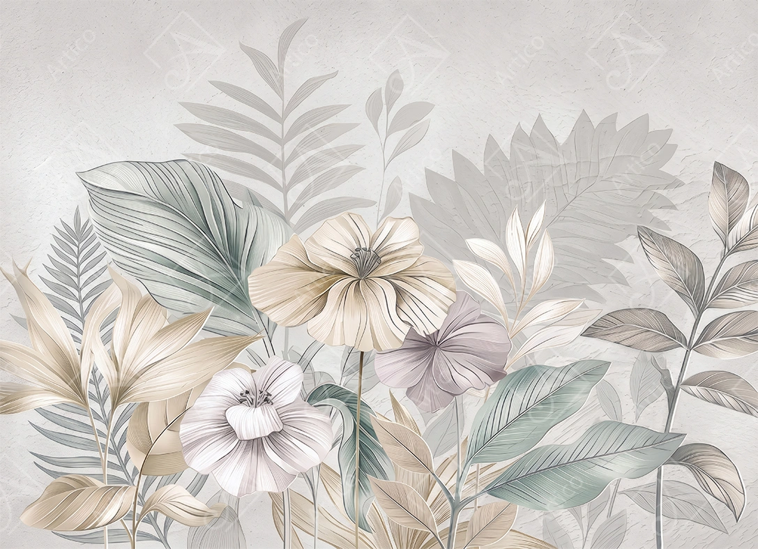 Articoo - Tropical botanical illustration with flowers and palm leaves - Articoo-261889