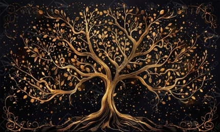 Articoo - Golden tree with glowing leaves on black background - Articoo-648279