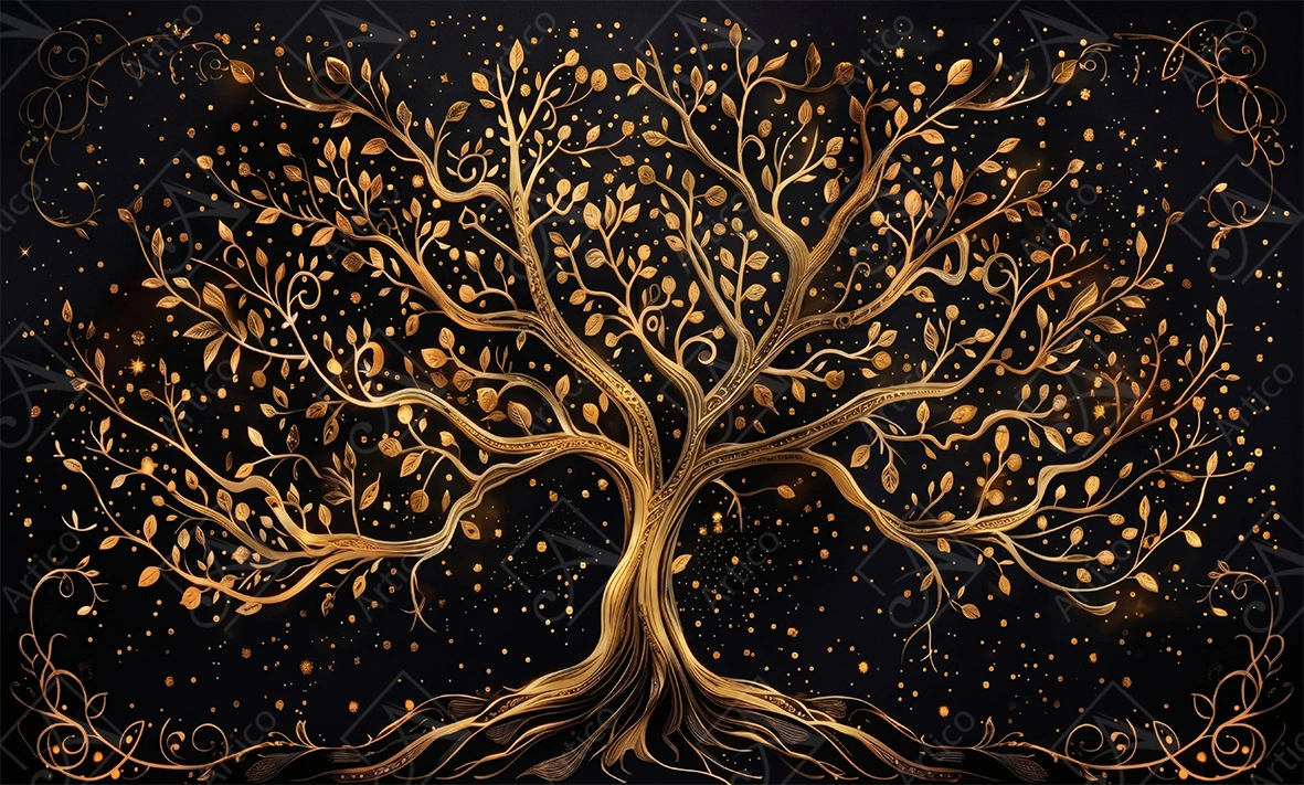 Articoo - Golden tree with glowing leaves on black background - Articoo-648279