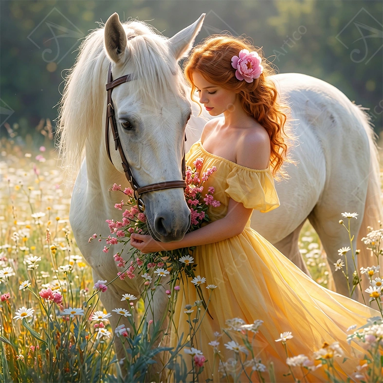Articoo - Redhead woman with white horse in daisy field - Articoo-783282