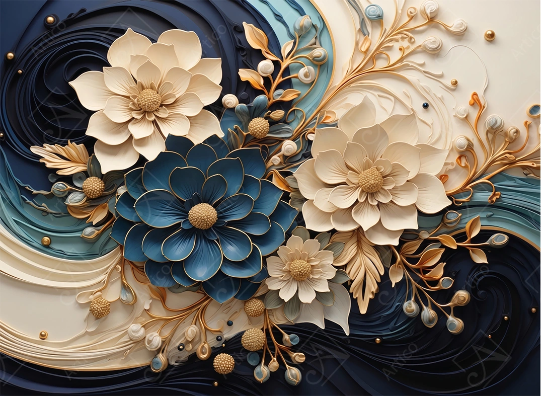 Articoo - Bas-relief navy and cream dahlias floral composition - Articoo-825546