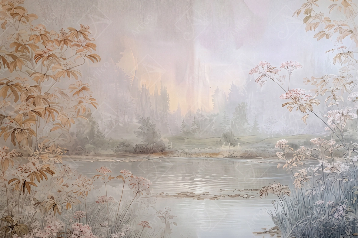 Articoo - Watercolor landscape with wild Yarrow and forest scenery - Articoo-764467