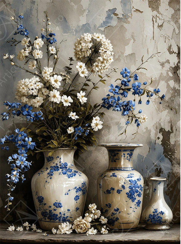Articoo - Blue Delphinium and white flowers in porcelain vases - Articoo-728815