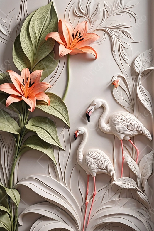 Articoo - 3D relief illustration of two flamingos among lilies - Articoo-662964