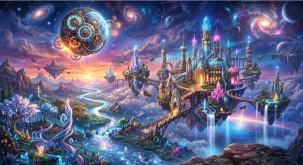 Articoo - Fantasy floating castle with magical clock and galaxy - Articoo-868513
