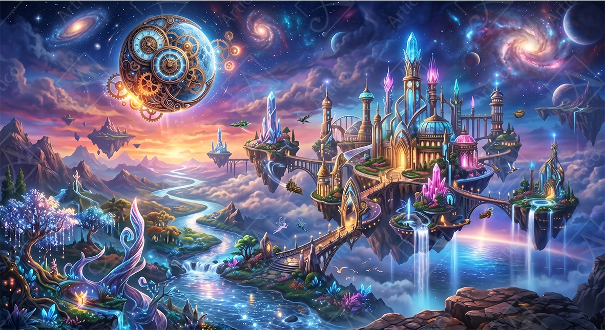 Articoo - Fantasy floating castle with magical clock and galaxy - Articoo-868513