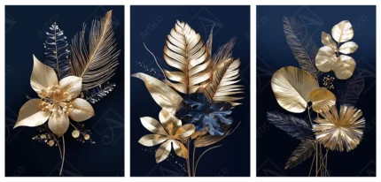Articoo - Gold palm leaves with dark blue tropical foliage background - Articoo-425752