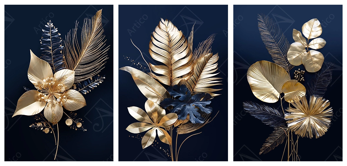 Articoo - Gold palm leaves with dark blue tropical foliage background - Articoo-425752