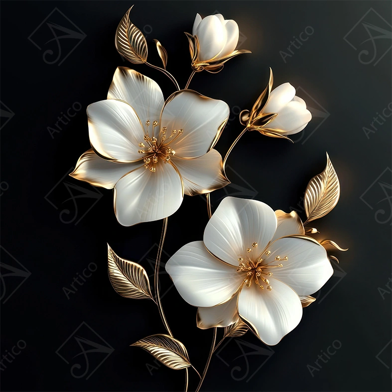 Articoo - 3D-effect white and gold flower petals with detailed leaves - Articoo-384711