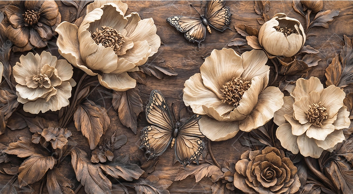 Articoo - Intricate wood carving of blooming flowers and butterflies - Articoo-932366