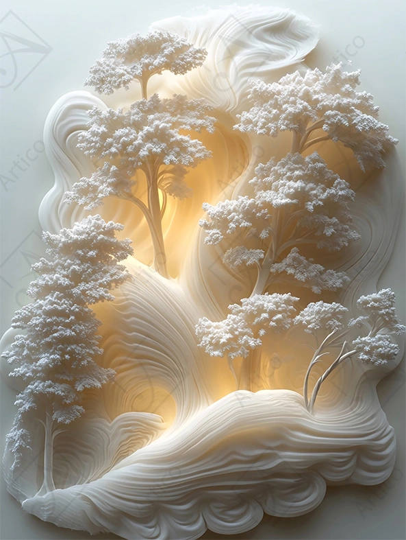 Articoo - Layered white sculptural forest landscape with warm backlighting - Articoo-725463