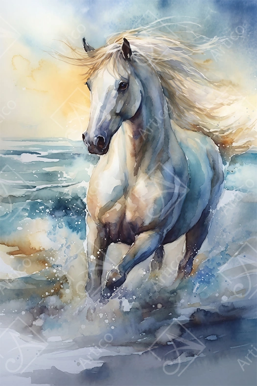 Articoo - Watercolor painting of a white horse running through water - Articoo-567514