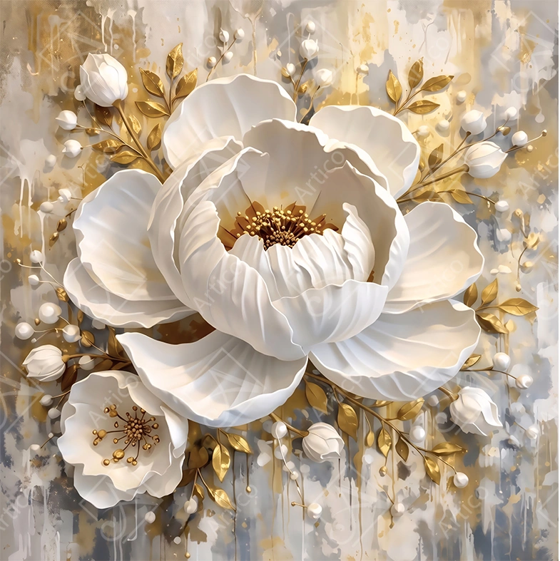Articoo - White relief flower with golden leaves on textured background - Articoo_759712