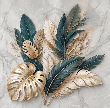 Articoo - Teal and gold tropical leaves on marble background - 815647