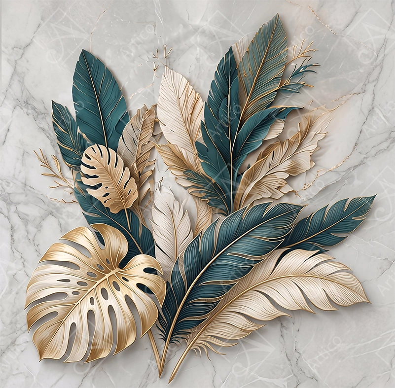 Articoo - Teal and gold tropical leaves on marble background - 815647