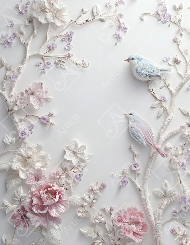 Articoo - Pastel birds perched on white branches with pink flowers - 326434
