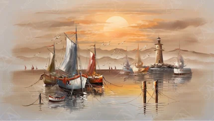 Articoo - Moored sailboats and stone lighthouse at warm sunset - 525681