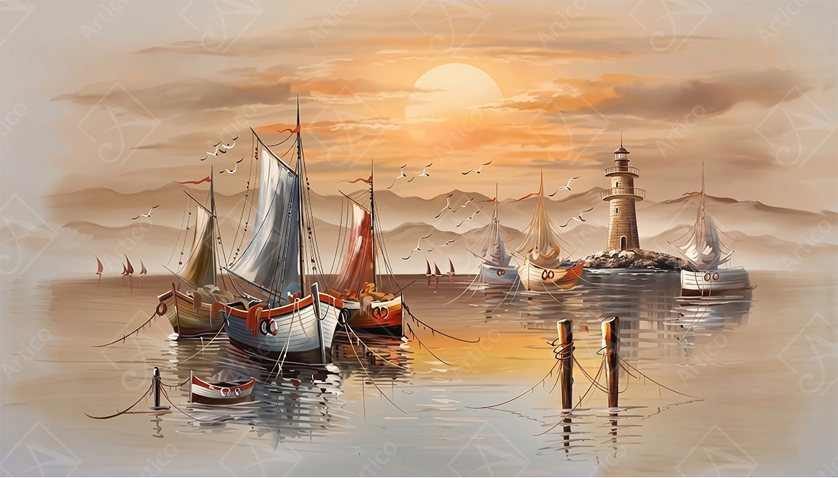 Articoo - Moored sailboats and stone lighthouse at warm sunset - 525681