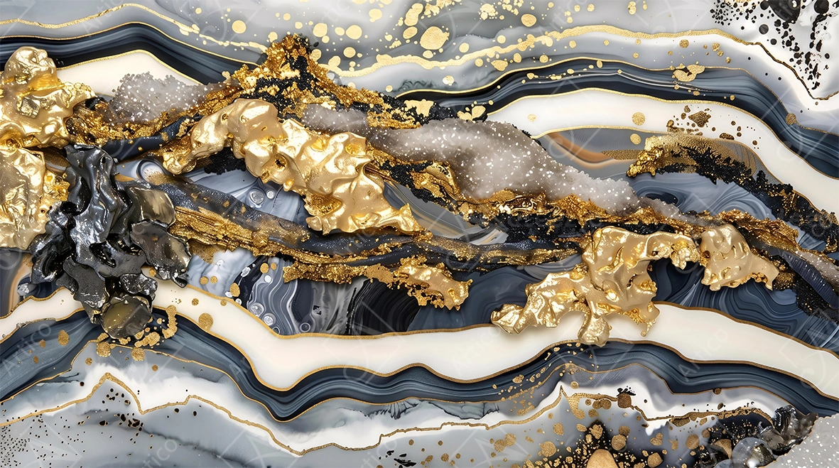 Articoo - Textured black and white marble with solid gold veins - 596378