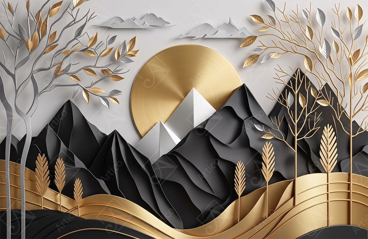 Articoo - Graphic design of layered mountains with sun and trees - 146318