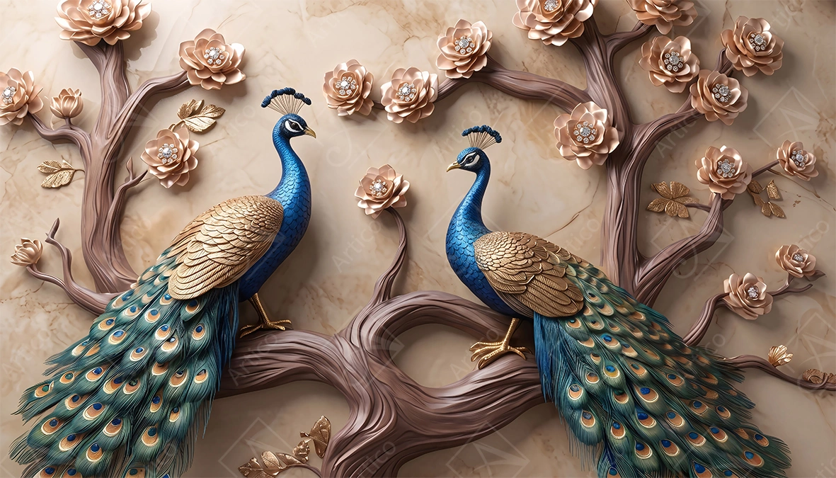 Articoo - Elegant Blue and Gold Peacocks on Jeweled Floral Branches - 844766