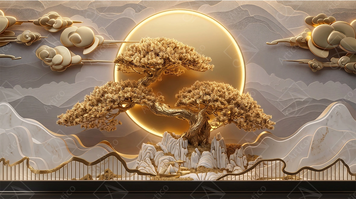 Articoo - Luxury 3D Golden Tree and Sun Landscape Mural - 676942