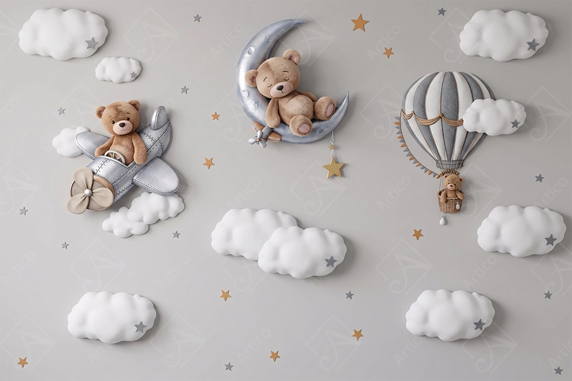 Articoo - Cute Bears on Airplane, Moon, and Balloon Nursery Scene - 253347