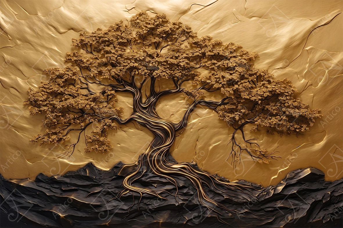 Articoo - Golden Textured Tree Reliefe Art on Dark Stone Background - 728855