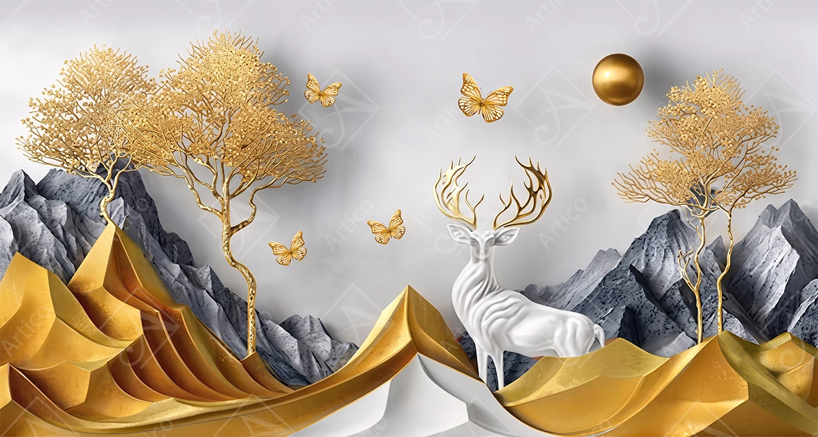 Articoo - White Deer with Golden Trees and Abstract Mountains Landscape - 813574