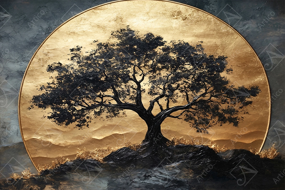 Articoo - Black Tree Silhouette Against Golden Circular Textured Backdrop - 871499