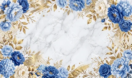 Articoo - Blue Roses and Golden Leaves on White Marble Background - 968188