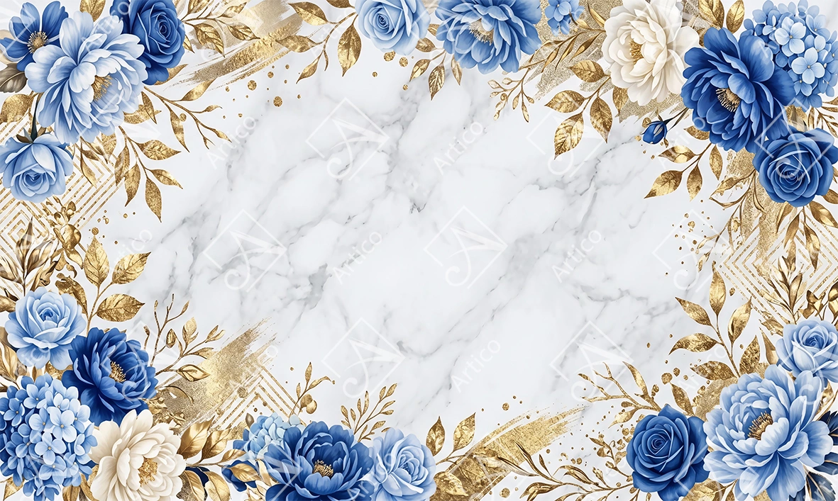 Articoo - Blue Roses and Golden Leaves on White Marble Background - 968188
