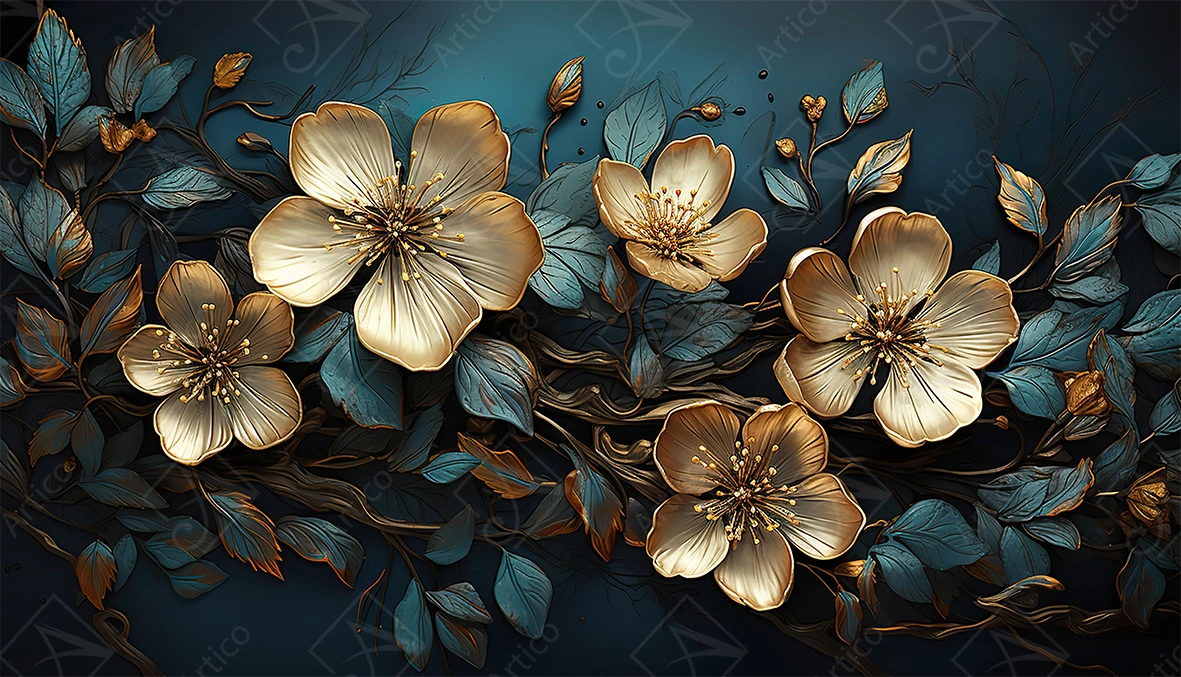 Articoo - Golden Metallic Flowers on Dark Blue Textured Background - 194642