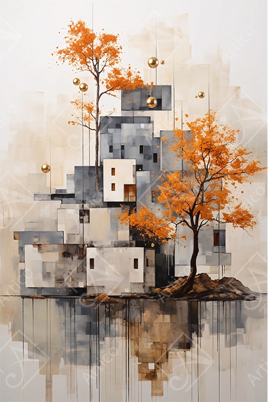 Articoo - Abstract Stacked Geometric Architecture with Autumn Trees and Golden Spheres - 132683