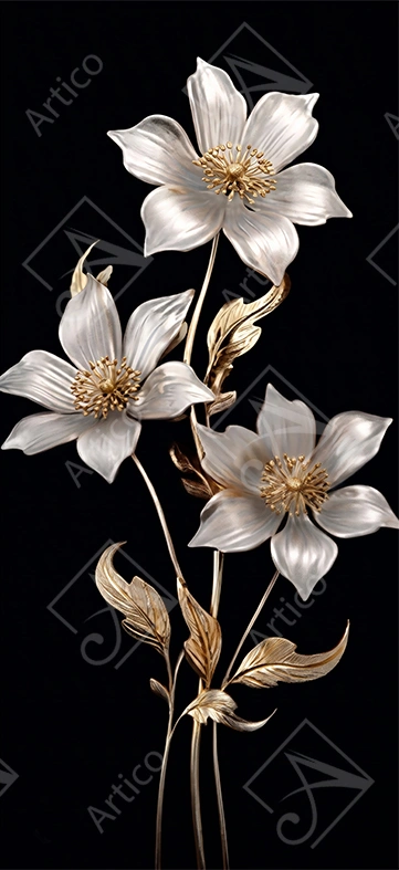 Articoo - Elegant Silver and Gold Blossoms on Black Background - 417783