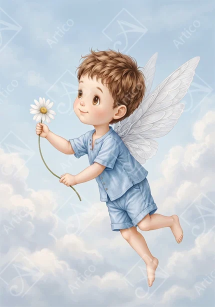 Articoo - Cute Little Angel Boy Flying With A White Flower - 614328