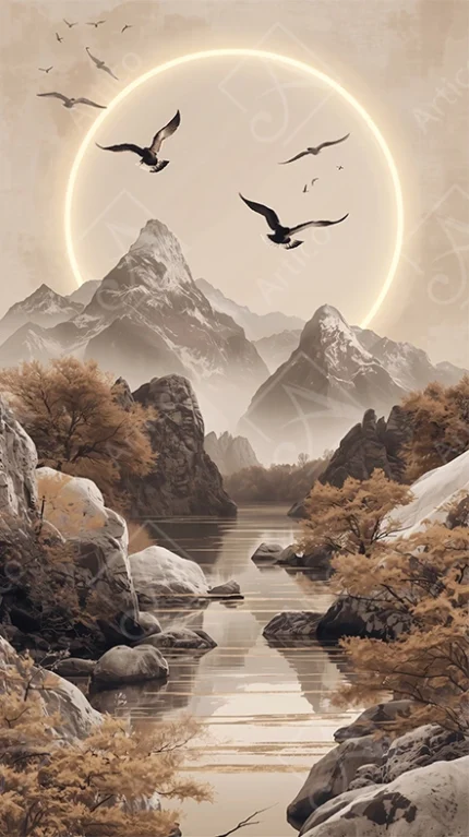 Articoo - Serene Golden Mountain Landscape with River and Flying Birds - 141961