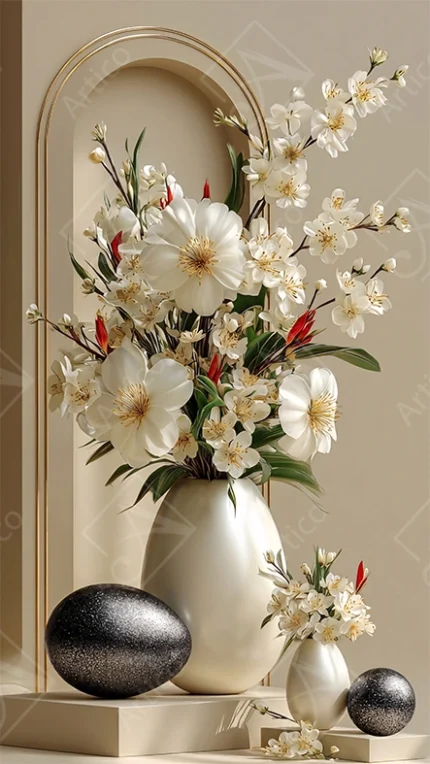 Articoo - Elegant White Floral Arrangement In Modern Egg Shaped Vases - 889114