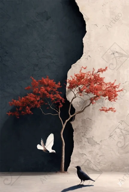 Articoo - Surreal Red Tree Split Wall With Dove And Crow - 681838