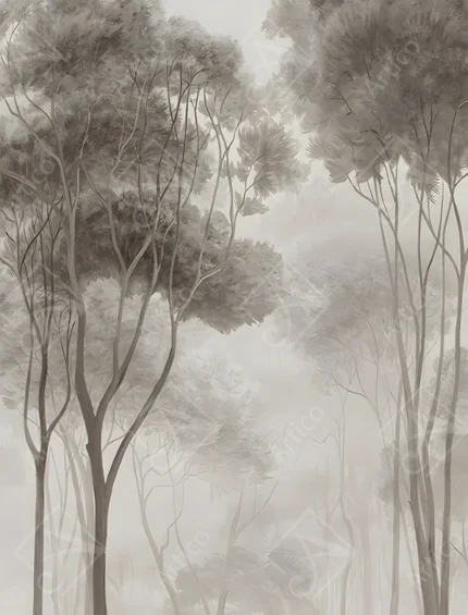 Articoo - Misty Foggy Forest Trees Landscape Vintage Watercolor Mural Design - 289361